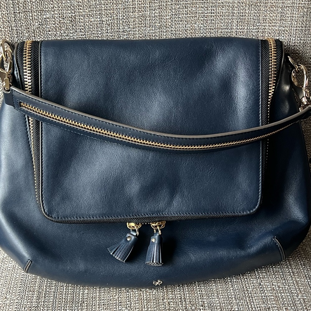 Anya Hindmarch Maxi Zip Satchel Messenger Leather Navy Blue 2way handbag